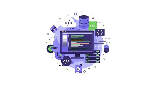 Software Development and Web Programming Concept Illustration with Code, Cloud, Database and Server Icons