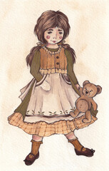 Children's illustration of a girl with her teddy bear.