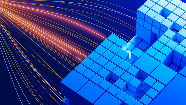 Digital cube structure with light trails creating a stream effect