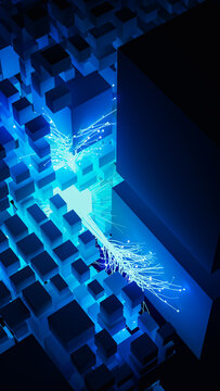 Background of a cube structure with blue light flowing through
