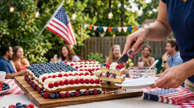 American flag cake with berries, festive celebration, outdoor party, summer gathering
