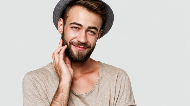 Young man with beard and hat smiling, touching his neck, wearing a casual t-shirt, against a plain light background.