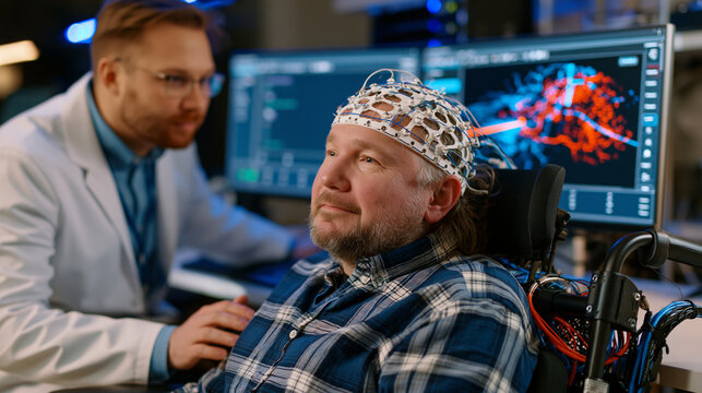 Neuroscience technician calibrating implanted brain computer interface electrode array signal decoder for paralyzed clinical trial participant seated in research lab chair, real-time cursor control 