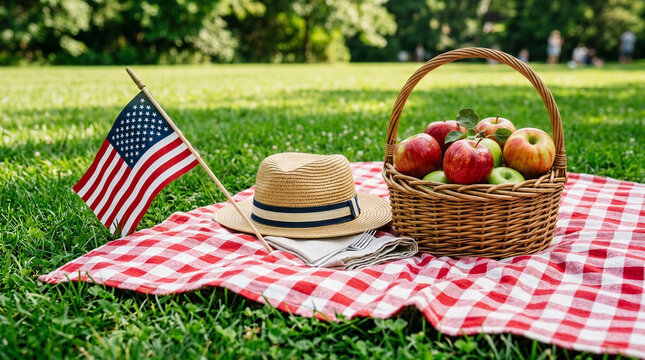 Picnic on checkered blanket with apples and American flag for Fourth of July celebration
