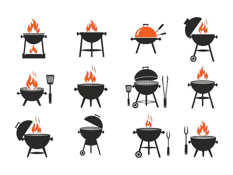 Barbeque grill icons. Vector bbq and grilling symbols, brazier and roaster