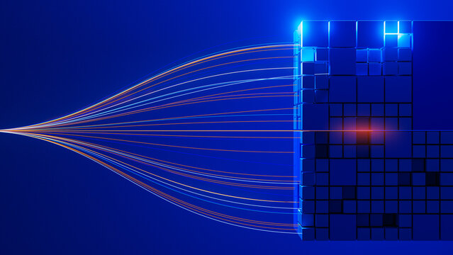 Digital cube structure with light trails creating a stream effect