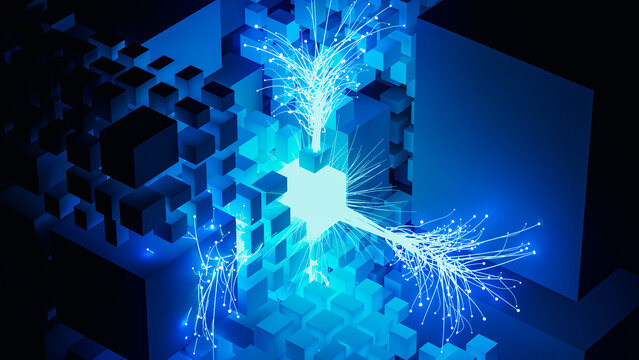 Background of a cube structure with blue light flowing through