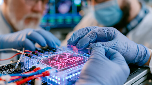 Pharmaceutical researcher loading miniaturized organ-on-chip cardiac tissue module into testing rig to evaluate drug toxicity without animal subjects, peristaltic pump connections and live cell imag