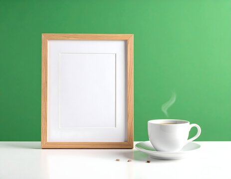 Blank Wooden Frame and Steaming Coffee