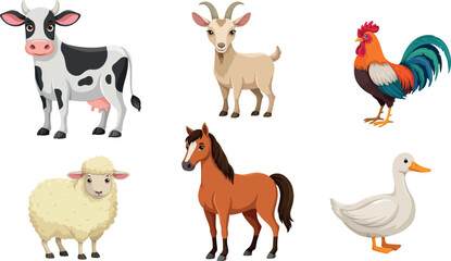 Naklejka premium Detailed Farm Animals Vector Illustration Set Featuring Domestic Livestock Cow Goat Rooster Sheep Horse and Goose Isolated on White Background for Design