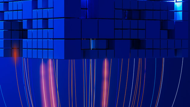 Digital cube structure with light trails creating a stream effect