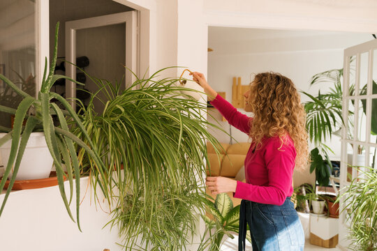 Gardening woman caring for a plant in a bright balcony space