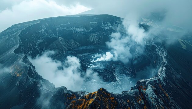 Desolate Volcanic Crater Filled with Mystical Mist and Steaming Vents