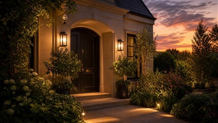 Naklejka premium Warm light illuminates a cozy stone house at dusk. Gardens glow softly beneath evening sky's soft hues. Arched doorway and lanterns invite a peaceful, welcoming vibe. Perfect for evoking home, comfort