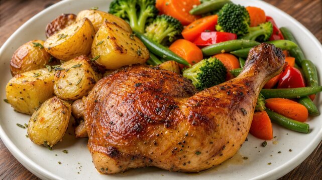 Golden chicken leg rests on a white plate. Roasted potatoes and veggies surround the meat. Fresh broccoli, carrots, and green beans add color. Warm, savory meal radiates comfort and freshness