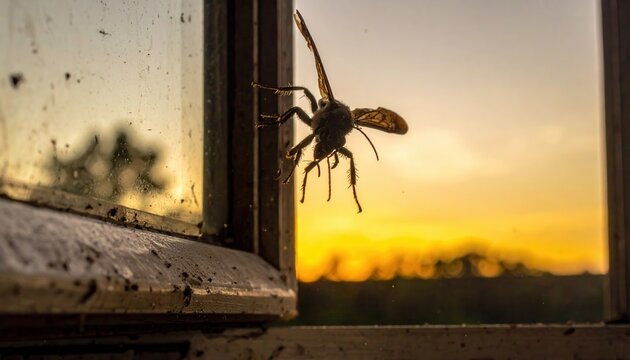 A lone insect hovers near a window frame at sunset, its silhouette defined against a golden sky.