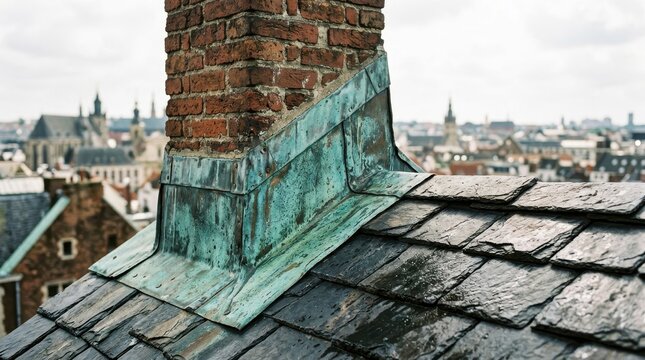 Close-up of a weathered brick chimney with aged copper flashing on a slate roof, overlooking a city