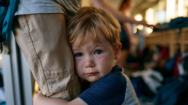Tearful preschooler pressed against parent leg at kindergarten classroom door, teacher extending hand with patient welcoming gesture, scattered backpacks and cubbies visible behind threshold, golden