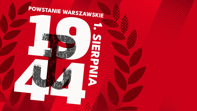 Baner na powstanie warszawskie 1944 z symbolem polska walcząca, 1 sierpnia, wieniec laurowy na czerwonym tle