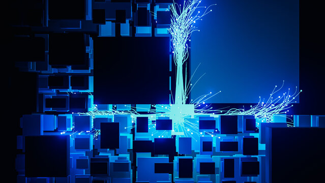 Background of a cube structure with blue light flowing through