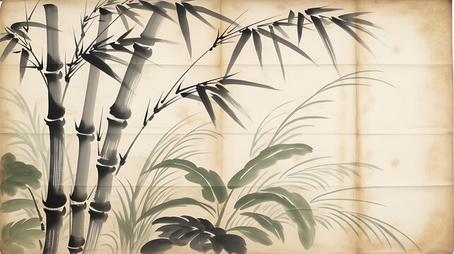 Vintage bamboo ink painting on textured paper, traditional oriental botanical mural, zen nature background with green leaves and grass 