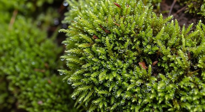 Close-up of vibrant green moss growing on forest floor.