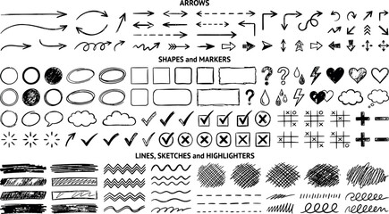 Comprehensive collection of hand-drawn vector arrows shapes markers and abstract brush strokes with sketches elements brushstrokes handdrawn scribbles lightning checkmarks asterisks © Kanon Islam