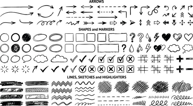 Comprehensive collection of hand-drawn vector arrows shapes markers and abstract brush strokes with sketches elements brushstrokes handdrawn scribbles lightning checkmarks asterisks