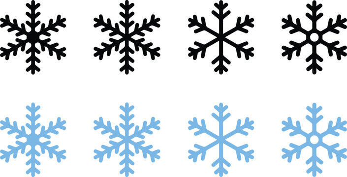 Modern Minimalist Frozen Ice Collection, Flat Geometric Snow Clip Art Stamps, Winter Snowflake Line Art Set, Christmas Holiday Ice Crystal Vector Icons, vector, illustration, silhouette.