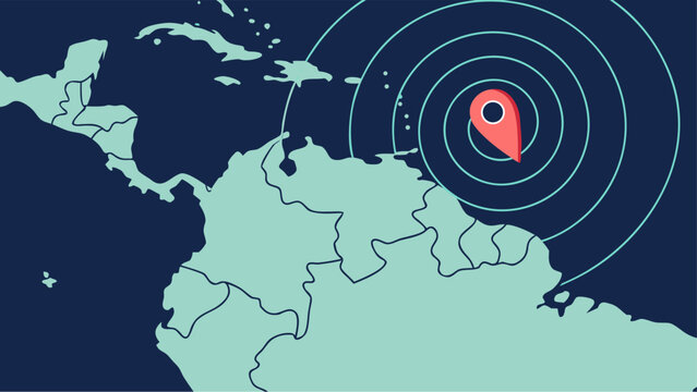 Venezuela earthquake illustration featuring map, fault lines and dramatic seismic wave effects.