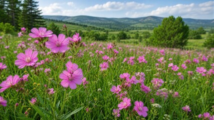 Fototapeta premium Pink flowers bloom in a green meadow under blue sky. Rolling hills stretch into distant mountains, soft and serene. Trees frame the scene with lush, natural beauty. Sunlight bathes the field