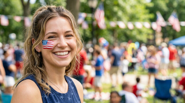 Smiling woman with face paint celebrating The Fourth of July in a festive park setting, copy space