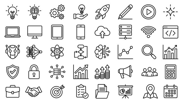 Set of modern business and technology line icons for digital interface design