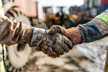 Fototapeta premium Two construction workers wearing gloves shake hands at a worksite with heavy machinery and containers in the background.