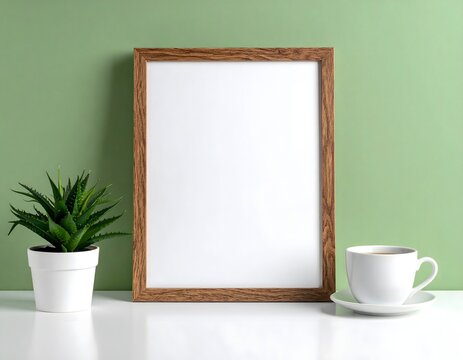 Blank Wooden Frame with Plant and Coffee on Green Background