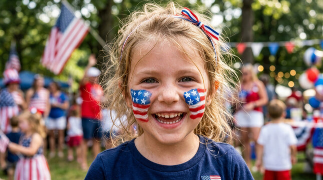Smiling girl with face paint celebrating the Fourth of July in a festive outdoor setting