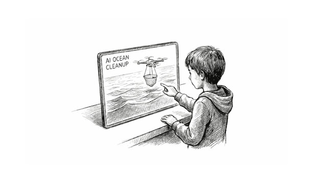 Child pointing at a screen showing AI ocean cleanup drone technology sketch illustration.