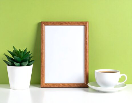 Blank Wooden Frame with Succulent and Coffee on Green Background