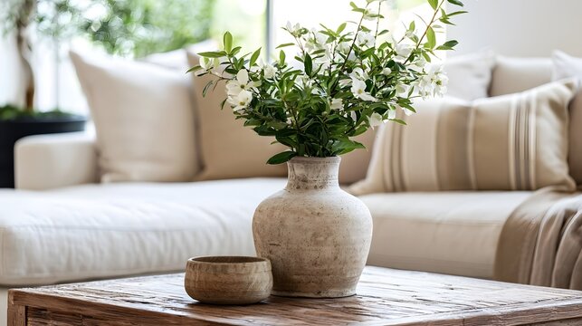A serene close up view showcasing minimalist home decor featuring natural wood linen upholstery and ceramic accents in a soft neutral palette