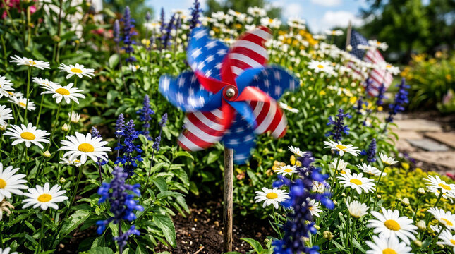 Patriotic pinwheel in garden, vibrant colors, celebrates Fourth of July