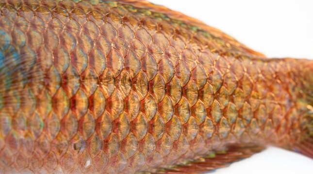 Natural patterns emerge from the golden scales of a freshwater tilapia fish as the vibrant textures reflect light while highlighting the unique biological geometry found on its aquatic skin