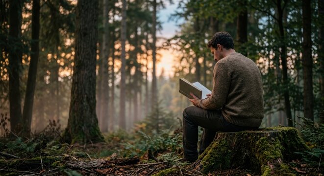 A contemplative young man wearing a brown sweater sits upon a mossy wooden stump while peacefully reading a hardcover book amidst the tranquil beauty of a dense evergreen forest during