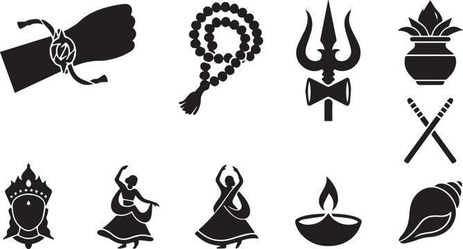 Navratri Hindu Festival Symbols Vector Icon Set with Durga Face, Diya, Trishul, Kalash, Dandiya Sticks, Rudraksha Mala, Conch and Garba Dancers