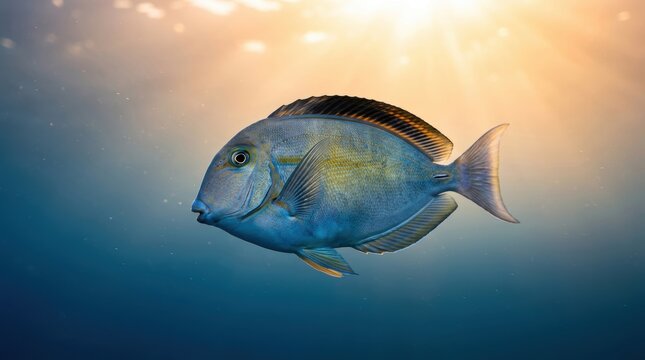A vibrant surgeonfish swims gracefully through the deep blue ocean waters as golden sunlight penetrates the surface to create a peaceful atmosphere within the vast underwater marine life