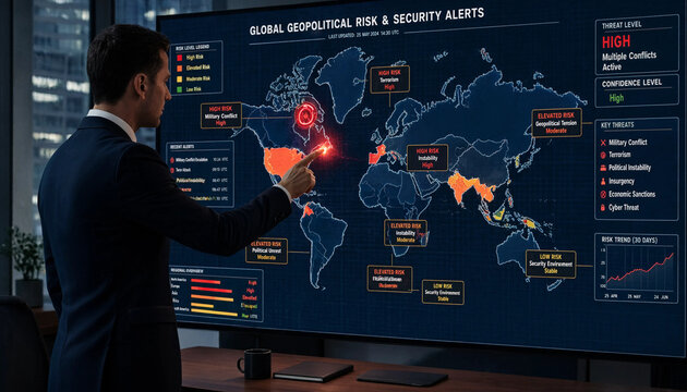 Businessman analyzing global geopolitical risk and security alerts on a screen