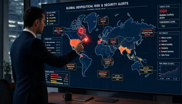 Businessman analyzing global geopolitical risk and security alerts on a screen