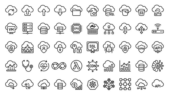 Comprehensive Collection of Modern Cloud Computing and Network Line Icons