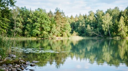 Fototapeta premium Beautiful calm lake with green forest reflections and dark rocks on the shore during a peaceful summer sunny day