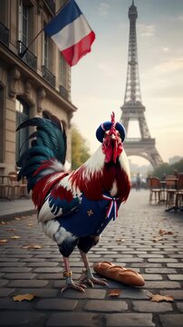 Rooster dressed in French attire stands near Eiffel Tower with baguette. National animal of France celebrating Bastille Day. Symbol of French culture and pride. Vertical video