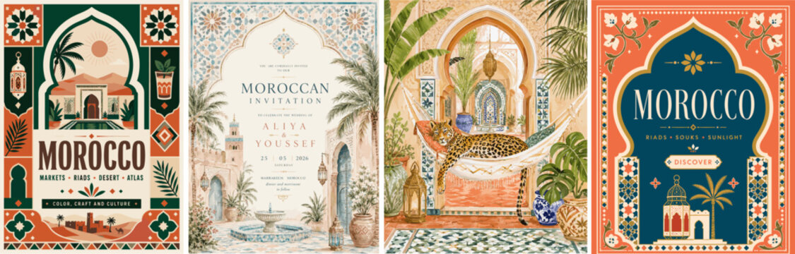 Moroccan travel and invitation set with riad arches, mosaic tiles, palm trees, lanterns, desert landscape, leopard, teal coral palette and elegant vector poster design.